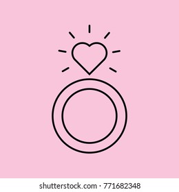 Linear illustration of ring icon on finger with heart, diamond in the shape of heart, valentine's day,, love, holiday of love, offer, wedding, engagement on pink background.