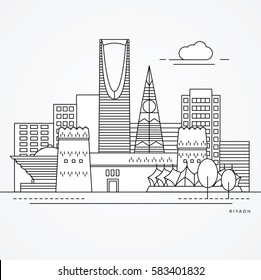 Linear illustration of Riyadh, Saudi Arabia. Flat one line style. Trendy vector illustration
