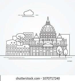 Linear illustration of Rome, Italy. Flat one line style. Trendy vector illustration. Architecture line cityscape with famous landmarks, city sights, design icons. Editable strokes