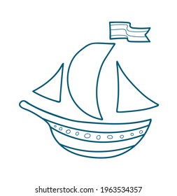 Linear illustration with sailing ship. Hand drawn vector icon isolated on a white background.