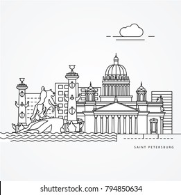 Lineare Abbildung von Sankt Petersburg, Russland. Flat one line style. Trendy Vektorgrafik. Stadtlandschaft mit berühmten Sehenswürdigkeiten, Sehenswürdigkeiten, Design-Symbolen. Bearbeitbare Striche