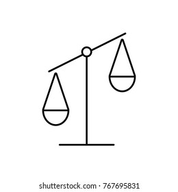 Linear illustration of a scales icon, measuring the weight, balance, greater weight, weighing on a white background.