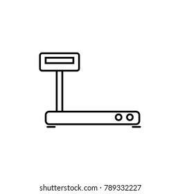 Linear illustration of a scales for large loads, control, weight measurement, weighting agent, weight, weighing, scales, floor scales, balance, cargo on a white background.