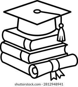 Linear illustration showing mortarboard academic cap sitting atop stack of heavy textbooks beside diploma scroll. Represents scholarly pursuit and academic completion. Clean vector style perfect for school library icons or education materials.