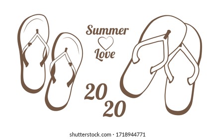 Linear illustration of a slipper; beach shoes for men and women; accessories of a pair of lovers on the beach; vector blank for design cards, invitations and advertising.
