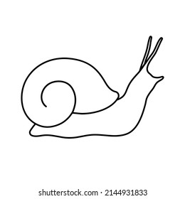 Ilustración lineal de un caracol con caparazón, helicid, signo de un caracol arrastrando, silueta de un molusco gastropodo terrestre. Aislado sobre fondo blanco. Gráficos vectoriales