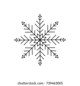 Linear illustration of a snowflake with six rays and a circle in the middle and at the ends of each ray, snow and a winter symbol on a white background.