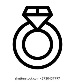 A linear illustration of a solitaire engagement ring featuring a prominent diamond set on a circular band. The clean black lines create an elegant symbol of jewelry, weddings, and commitment.