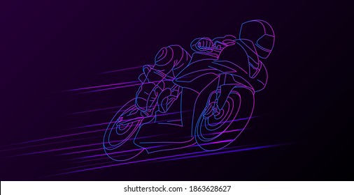 Linear illustration of sport motorcycle with driver moving on high speed leaving neon lights track behind, dark backdrop with line gradient graphic