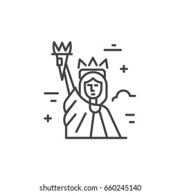 Linear illustration of statue of liberty. Vector line style icon.