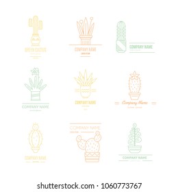 Linear illustration of succulent plants and cactuses in pots. Company corporate logo element design. Vector graphic set with cute florals.