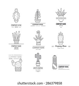 Linear illustration of succulent plants and cactuses in pots. Company corporate logo element design. Vector graphic set with cute florals.
