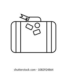Linear illustration of suitcase icon, luggage, summer, travel, tag on luggage, things, bag with stickers on white background.