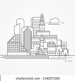 Linear illustration of Tel Aviv, Israel. Flat one line style. Trendy vector illustration. Architecture line cityscape with famous landmarks, city sights, design icons. Editable strokes