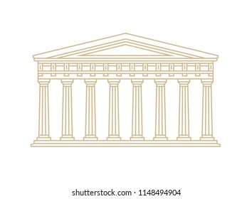 Linear illustration of temple, palace, house. Vector, isolated. Gold color contour.