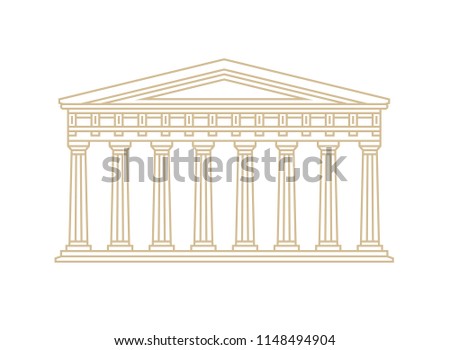 Linear illustration of temple, palace, house. Vector, isolated. Gold color contour.
