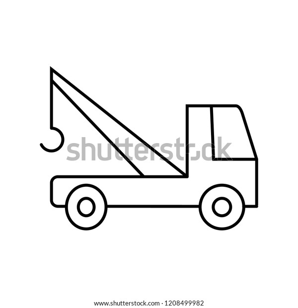 Linear\
illustration of a tow truck icon with a car, a car for\
transportation of goods, a large truck, cargo transport, machinery,\
a black tow truck of cars on a white\
background.