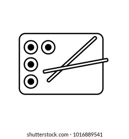 Linear illustration tray icon with rolls and sushi, chopsticks for sushi, Japanese food, four rolls or sushi with chopsticks on a tray, food on white background.