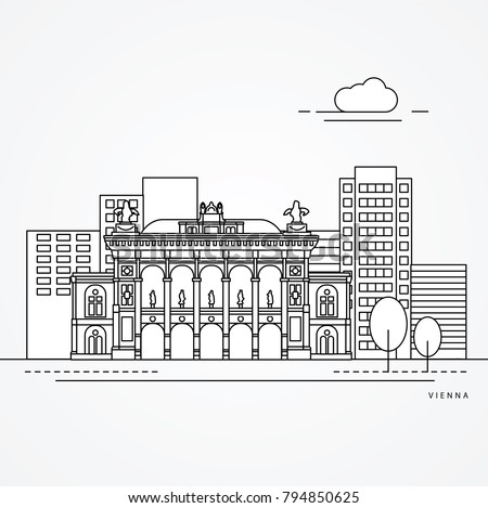 Linear illustration of Vienna, Austria. Flat one line style. Trendy vector illustration. Architecture line cityscape with famous landmarks, city sights, design icons. Editable strokes