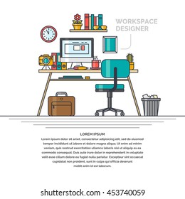 Linear illustration of the workspace for designer. Workplace and subjects the business office.