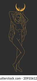linear illustration of a young woman. goddess of space and moon