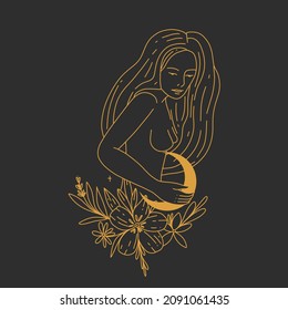 linear illustration of a young woman. goddess of space and moon