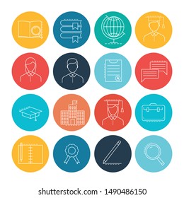Linear illustrations of different icons about education, graduation hat, diploma, degree, e-learning. Vector line icons. Education and e-learning, icons for applications and web.
