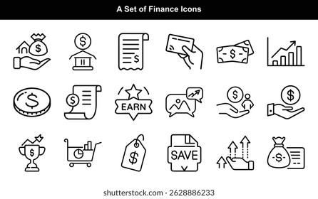 Linear illustrations of finance concepts, including money bag, coin, credit card, growth chart, dollar bills, and hands exchanging money.