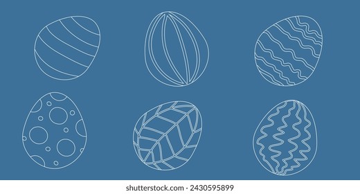 Linear illustrations on the Easter theme, greetings "Happy Easter!", eggs, rabbits in different poses with Easter eggs.