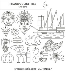 Linear illustrations on Thanksgiving. Vector