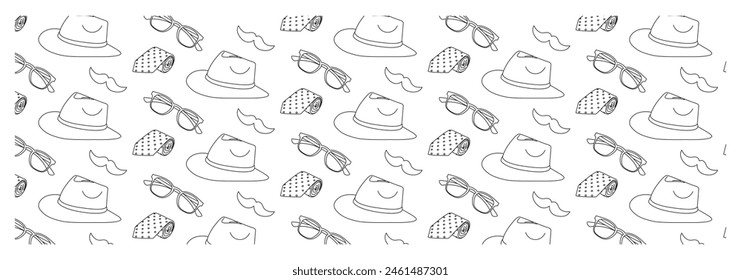 Linear illustrations pattern for Father's Day. They include items such as ties, mustaches, glasses and hats.