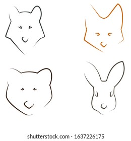 Linear illustrations of wild animals, fox, wolf, bear, hare on white background. Icons set of animals. Linear animal logo