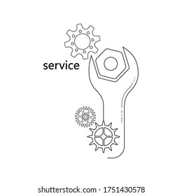 Linear image of cogwheels and spanner. Isolated vector elements on a white background. The concept of repair, service, customer orientation. You can use it to print business cards, leaflets, booklets.