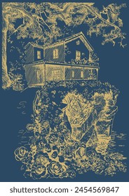 Linear image of a cute house on the seashore. Pen sketch converted to vectors. 