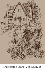 Linear image of a cute house on the seashore. Pen sketch converted to vectors. 
