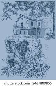 Linear image of a cute house on the seashore. Pen sketch converted to vectors. 
