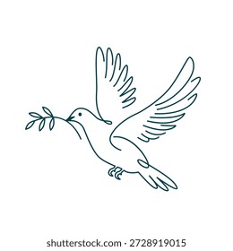 Imagem linear de uma pomba da paz segurando um galho em seu bico, isolada sobre um fundo branco. Ícone ou logotipo do design.