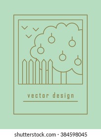 Linear image of a fruit tree and fence. Logo, icon, concept, illustration. Vector. Isolated.