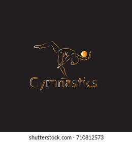 Linear image of a girl  gymnast with a ball. Emblem, a sign in a linear style. The background is black. Banner of gymnastics. Olympic gymnast woman. Images for sports, dance, fitness studios.