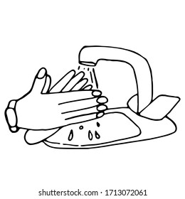 Imagen lineal del lavado de manos bajo el grifo con agua. La necesidad de estar limpios. Ilustración vectorial de material en estilo doodle. Un hombre realiza la desinfección con un fondo blanco. Icono de dibujo manual.