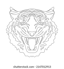 Linear image head of a wild tiger with fangs, coloring book for children.
