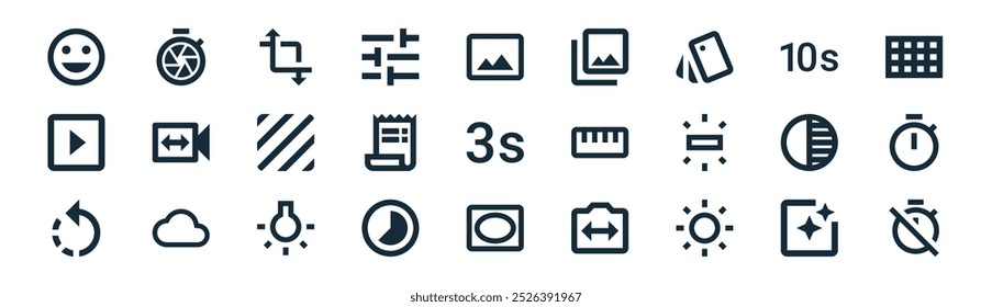lineares Bildsymbolpaket. Vektor dünnen Linie Filter, Shutter, Zuschnitt, Timer, Empfang, Timer, Vignette, off-Symbole geeignet für Apps und Websites ui Designs