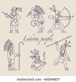 Linear image of Indians. Indian archery, running with a spear, sitting smoke, dancing with a tambourine. Chief and warrior with a gun standing. Vector illustration.