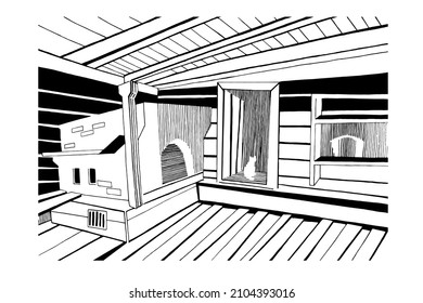Linear image of the interior of a rural house with a stove and a cat in the doorway. Vector black and white illustration for stickers, postcards, coloring books, decor, design.