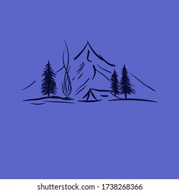 imagen lineal del paisaje.  tienda de campaña por una noche en las montañas.  árboles en el fondo de las montañas.  humo del fuego.  paisaje de fondo azul.