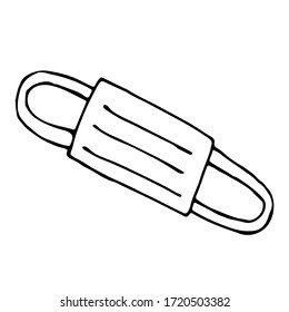 Linear image of a medical mask in doodle style on a white background. Vector illustration of human mucosal and respiratory tract protection. Stock image in hand drawing about medicine.