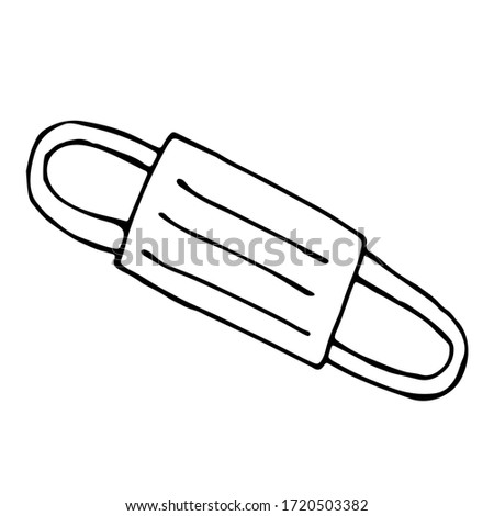 Linear image of a medical mask in doodle style on a white background. Vector illustration of human mucosal and respiratory tract protection. Stock image in hand drawing about medicine.