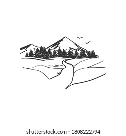 Linear Image Of Mountains In Vintage Sketch Style. Stone Peaks, Trees, Path. Doodle Style. Simple Vector Landscape On Isolated Background. For Logos, Labels, Printing On Fabric.