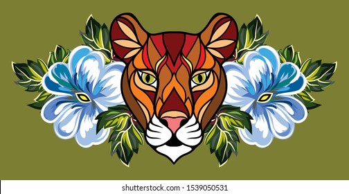 Linear image of a muzzle of a lioness on a background of flowers