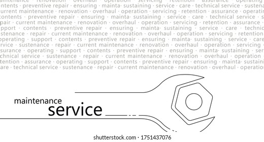 Linear image of the nut and spanner. Isolated vector elements on a white background. The concept of repair, service, customer orientation. You can use it to print business cards, leaflets, and booklet